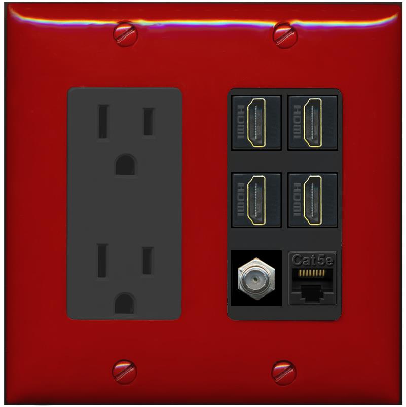 RiteAV 4 Port HDMI 1 Coax Cable TV- F-Type 1 Cat5E Ethernet Wall Plate - Outlet [Red/Black]