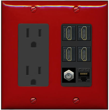 RiteAV 4 Port HDMI 1 Coax Cable TV- F-Type 1 Cat5E Ethernet Wall Plate - Outlet [Red/Black]