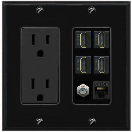 RiteAV 4 Port HDMI 1 Coax Cable TV- F-Type 1 Cat5E Ethernet Wall Plate - Outlet [Black/Black]