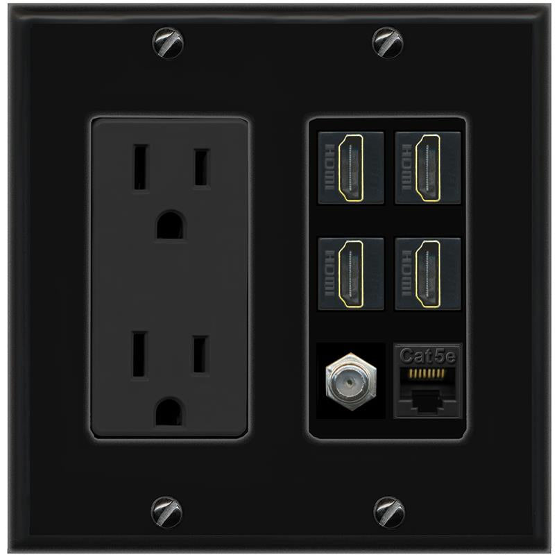 RiteAV 4 Port HDMI 1 Coax Cable TV- F-Type 1 Cat5E Ethernet Wall Plate - Outlet [Black/Black]