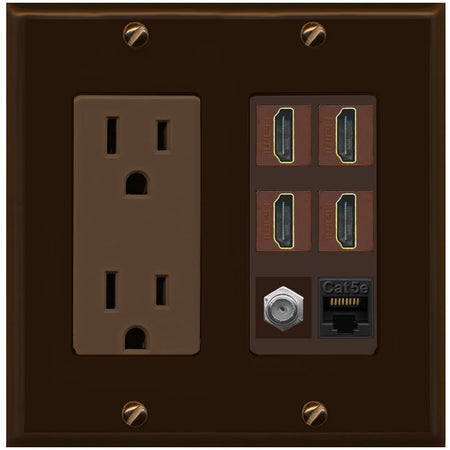 RiteAV 4 Port HDMI 1 Coax Cable TV- F-Type 1 Cat5E Ethernet Wall Plate - Outlet [Brown/Brown]