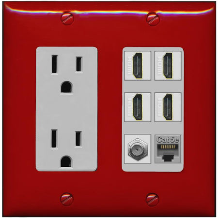 RiteAV 4 Port HDMI 1 Coax Cable TV- F-Type 1 Cat5E Ethernet Wall Plate - Outlet [Red/Gray]