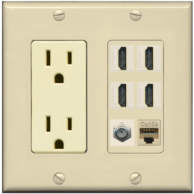 RiteAV 4 Port HDMI 1 Coax Cable TV- F-Type 1 Cat5E Ethernet Wall Plate - Outlet [Ivory/Ivory]