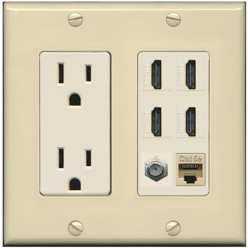 RiteAV 4 Port HDMI 1 Coax Cable TV- F-Type 1 Cat5E Ethernet Wall Plate - Outlet [Ivory/Light-Almond]