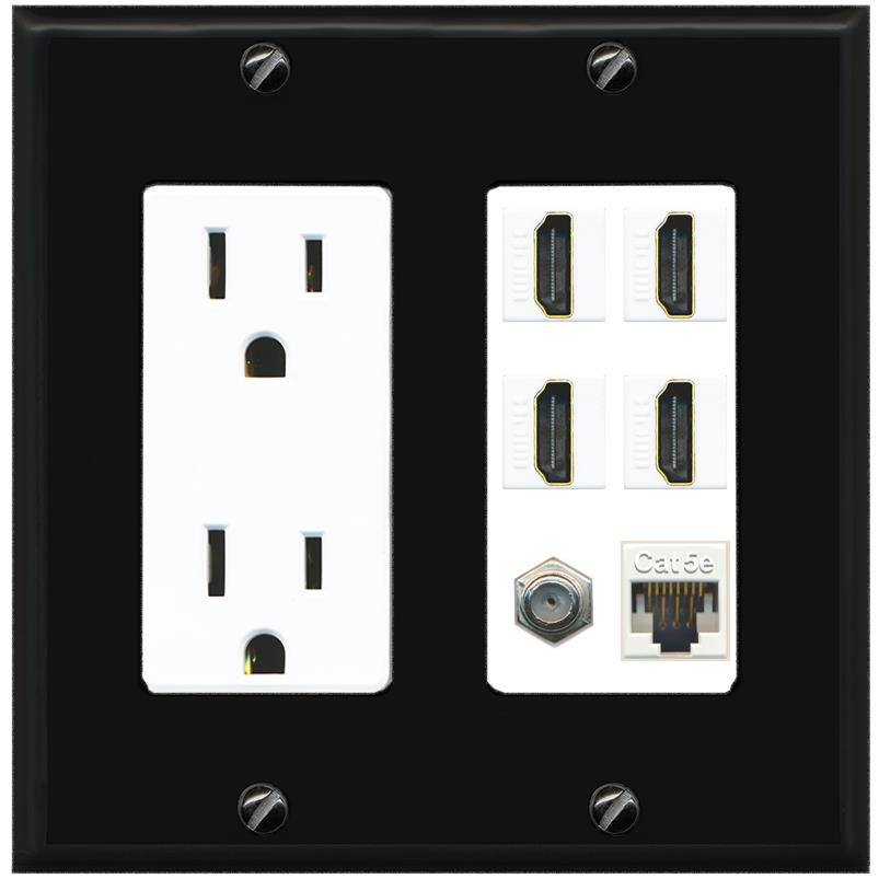 RiteAV 4 Port HDMI 1 Coax Cable TV- F-Type 1 Cat5E Ethernet Wall Plate - Outlet [Black/White]