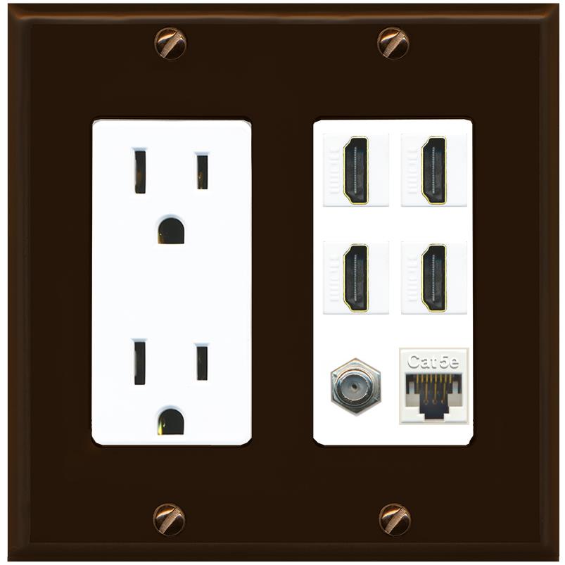 RiteAV 4 Port HDMI 1 Coax Cable TV- F-Type 1 Cat5E Ethernet Wall Plate - Outlet [Brown/White]