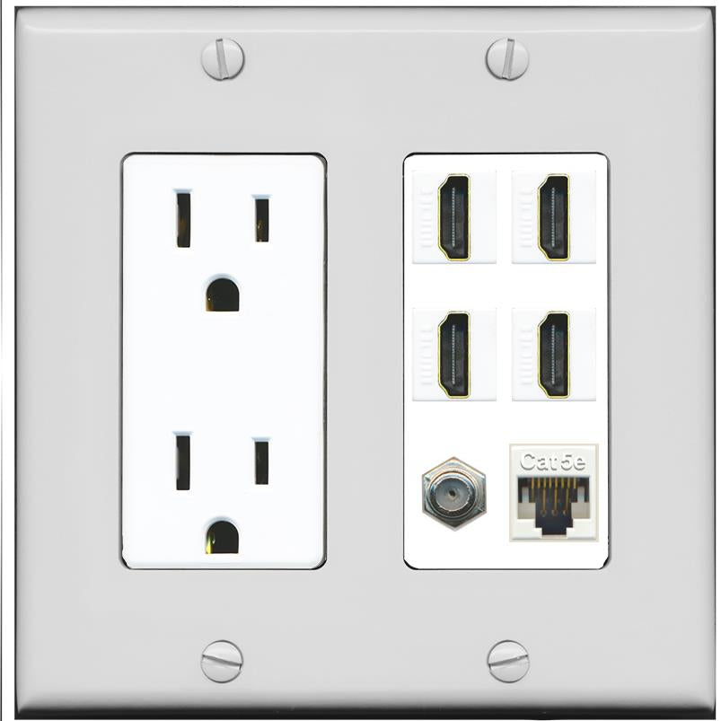 RiteAV 4 Port HDMI 1 Coax Cable TV- F-Type 1 Cat5E Ethernet Wall Plate - Outlet [Gray/White]