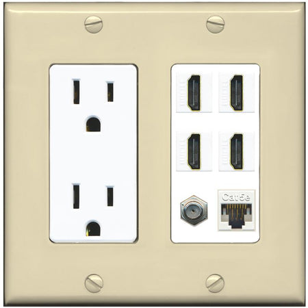 RiteAV 4 Port HDMI 1 Coax Cable TV- F-Type 1 Cat5E Ethernet Wall Plate - Outlet [Ivory/White]