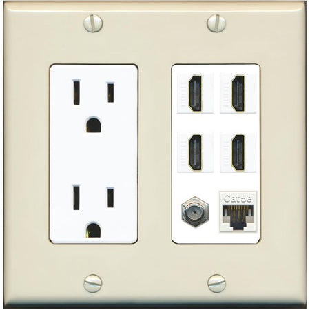 RiteAV 4 Port HDMI 1 Coax Cable TV- F-Type 1 Cat5E Ethernet Wall Plate - Outlet [Light-Almond/White]