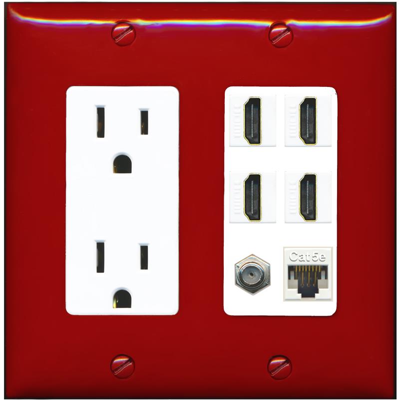 RiteAV 4 Port HDMI 1 Coax Cable TV- F-Type 1 Cat5E Ethernet Wall Plate - Outlet [Red/White]