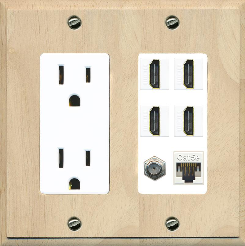 RiteAV 4 Port HDMI 1 Coax Cable TV- F-Type 1 Cat5E Ethernet Wall Plate - Outlet [Wood/White]