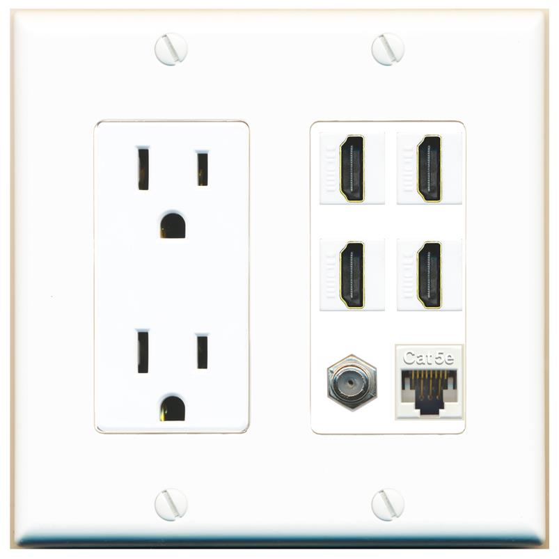 RiteAV 4 Port HDMI 1 Coax Cable TV- F-Type 1 Cat5E Ethernet Wall Plate - Outlet [White]