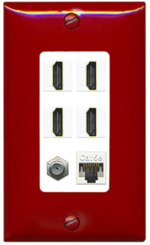 RiteAV 4 Port HDMI 1 Coax Cable TV- F-Type 1 Cat5E Ethernet Wall Plate - 1 Gang [Red/White]