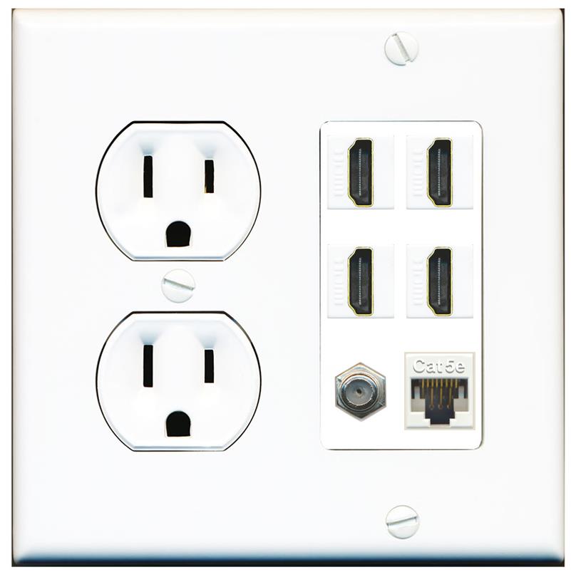 RiteAV 4 Port HDMI 1 Coax Cable TV- F-Type 1 Cat5E Ethernet Wall Plate - Round Outlet [White]