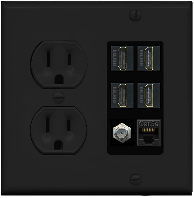 RiteAV 4 Port HDMI 1 Coax Cable TV- F-Type 1 Cat5E Ethernet Wall Plate - Round Outlet [Black/Black]