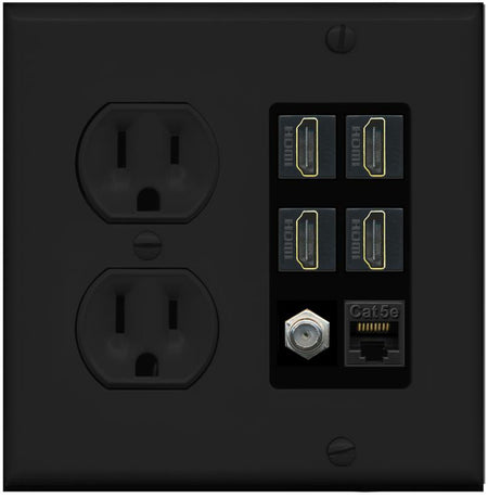 RiteAV 4 Port HDMI 1 Coax Cable TV- F-Type 1 Cat5E Ethernet Wall Plate - Round Outlet [Black/Black]