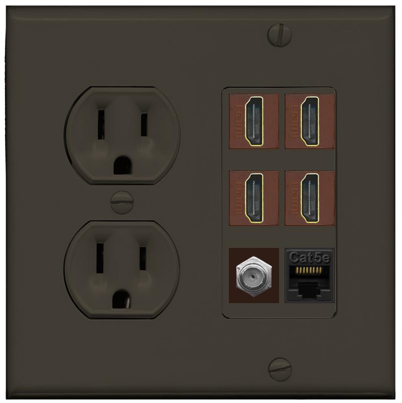 RiteAV 4 Port HDMI 1 Coax Cable TV- F-Type 1 Cat5E Ethernet Wall Plate - Round Outlet [Brown/Brown]