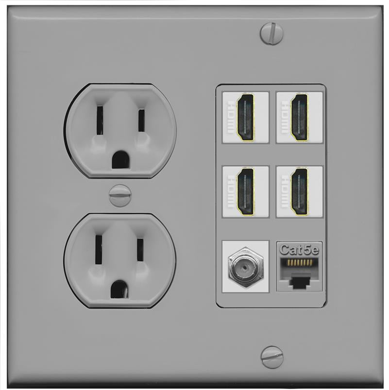 RiteAV 4 Port HDMI 1 Coax Cable TV- F-Type 1 Cat5E Ethernet Wall Plate - Round Outlet [Gray/Gray]