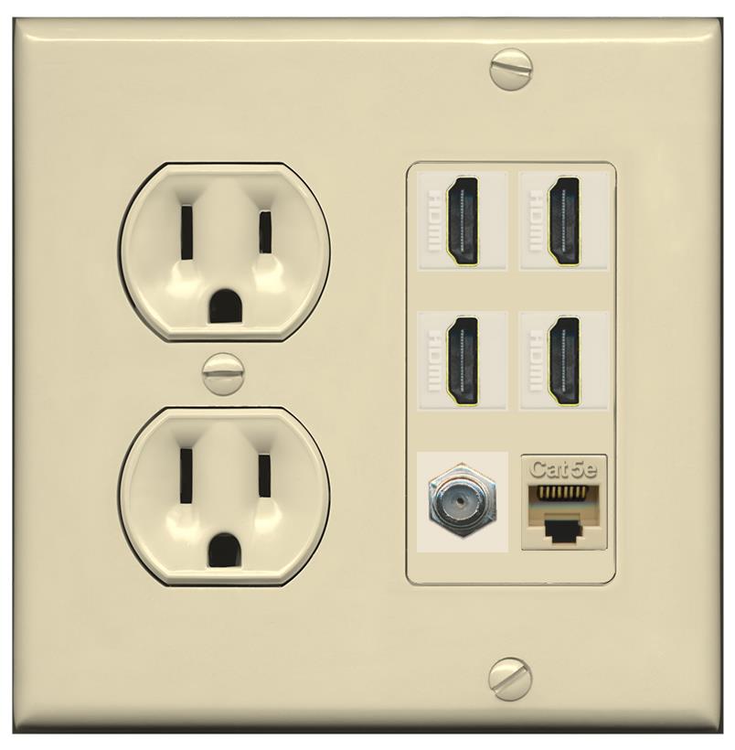 RiteAV 4 Port HDMI 1 Coax Cable TV- F-Type 1 Cat5E Ethernet Wall Plate - Round Outlet [Ivory/Ivory]