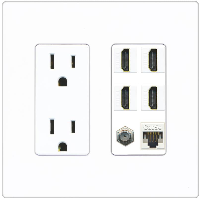 RiteAV 4 Port HDMI 1 Coax Cable TV- F-Type 1 Cat5E Ethernet Wall Plate - Outlet [Screwless White]