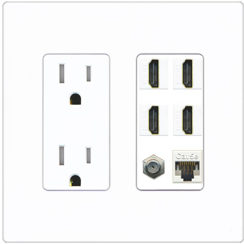 RiteAV 4 Port HDMI 1 Coax Cable TV- F-Type 1 Cat5E Ethernet Wall Plate - Tamper-Res [Screwless White]