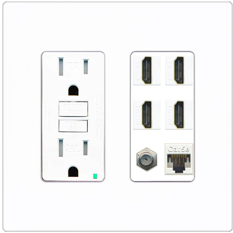 RiteAV 4 Port HDMI 1 Coax Cable TV- F-Type 1 Cat5E Ethernet Wall Plate - GFCI [Screwless White]