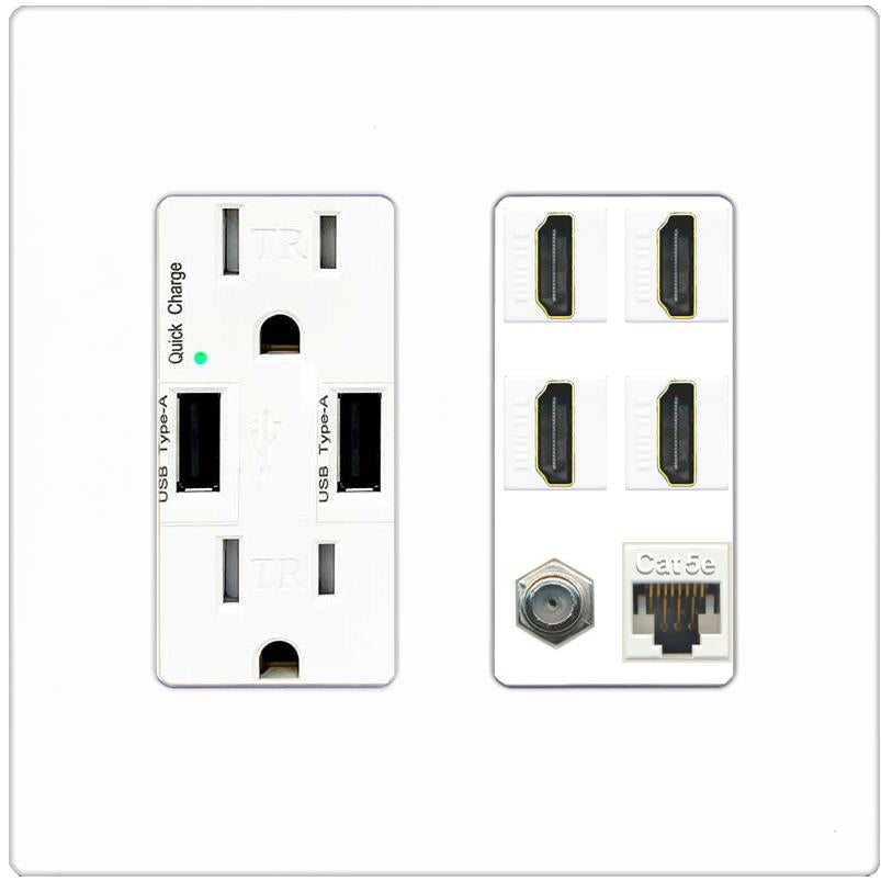 RiteAV 4 Port HDMI 1 Coax Cable TV- F-Type 1 Cat5E Ethernet Wall Plate - USB Charger [Screwless White]