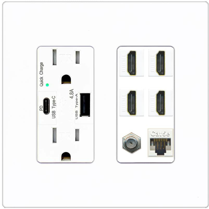 RiteAV 4 Port HDMI 1 Coax Cable TV- F-Type 1 Cat5E Ethernet Wall Plate - USB A+C Charger [Screwless White]