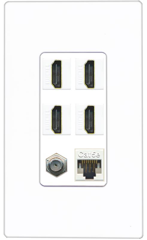 RiteAV 4 Port HDMI 1 Coax Cable TV- F-Type 1 Cat5E Ethernet Wall Plate - 1 Gang [Screwless White]