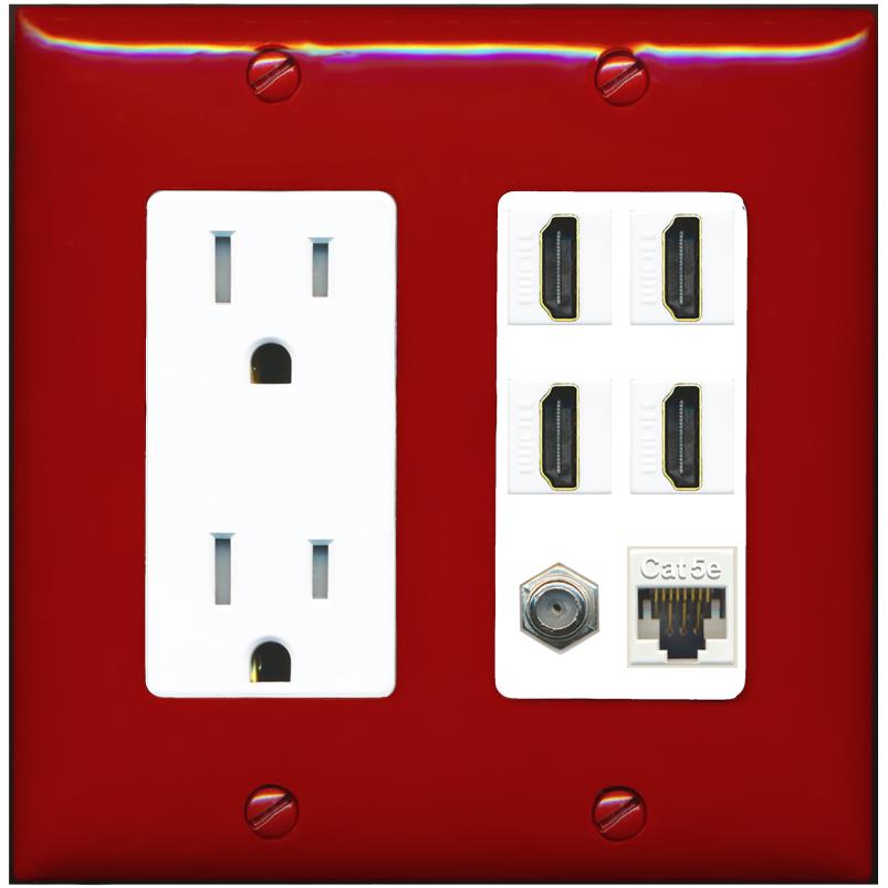 RiteAV 4 Port HDMI 1 Coax Cable TV- F-Type 1 Cat5E Ethernet Wall Plate - Tamper-Res [Red/White]