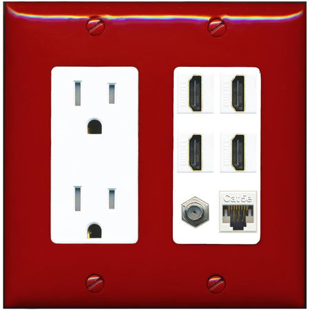 RiteAV 4 Port HDMI 1 Coax Cable TV- F-Type 1 Cat5E Ethernet Wall Plate - Tamper-Res [Red/White]