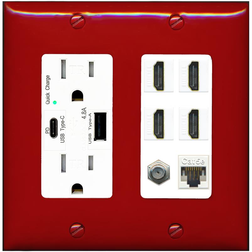 RiteAV 4 Port HDMI 1 Coax Cable TV- F-Type 1 Cat5E Ethernet Wall Plate - USB A+C Charger [Red/White]