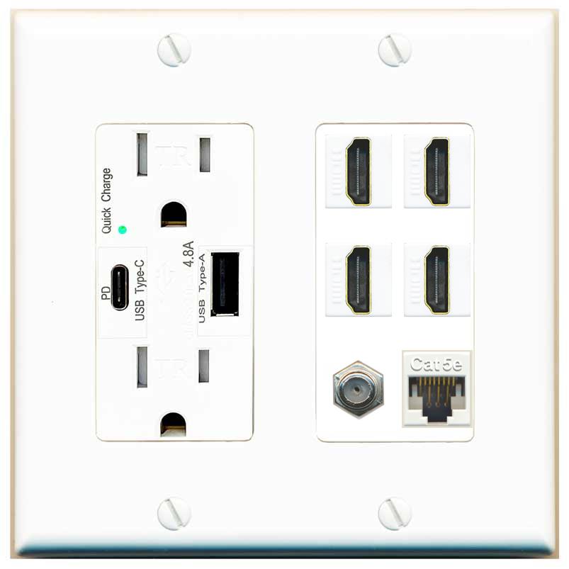 RiteAV 4 Port HDMI 1 Coax Cable TV- F-Type 1 Cat5E Ethernet Wall Plate - USB A+C Charger [White]