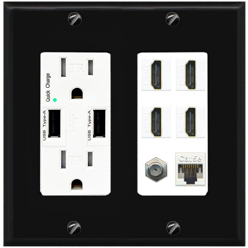 RiteAV 4 Port HDMI 1 Coax Cable TV- F-Type 1 Cat5E Ethernet Wall Plate - USB Charger [Black/White]