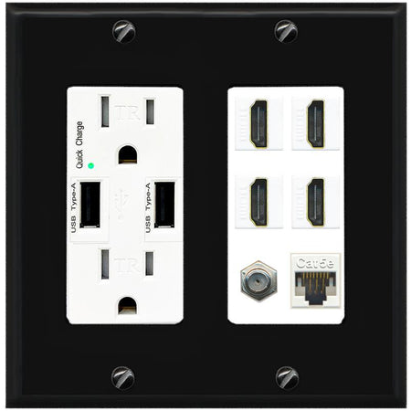 RiteAV 4 Port HDMI 1 Coax Cable TV- F-Type 1 Cat5E Ethernet Wall Plate - USB Charger [Black/White]