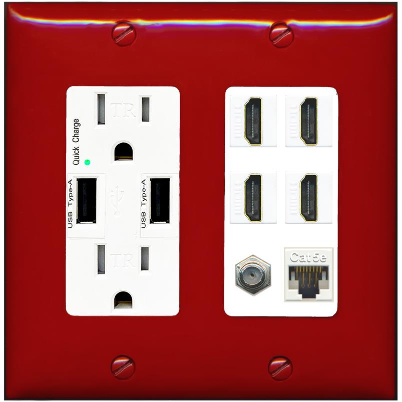 RiteAV 4 Port HDMI 1 Coax Cable TV- F-Type 1 Cat5E Ethernet Wall Plate - USB Charger [Red/White]