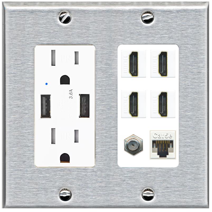 RiteAV 4 Port HDMI 1 Coax Cable TV- F-Type 1 Cat5E Ethernet Wall Plate - USB Charger [Stainless/White]