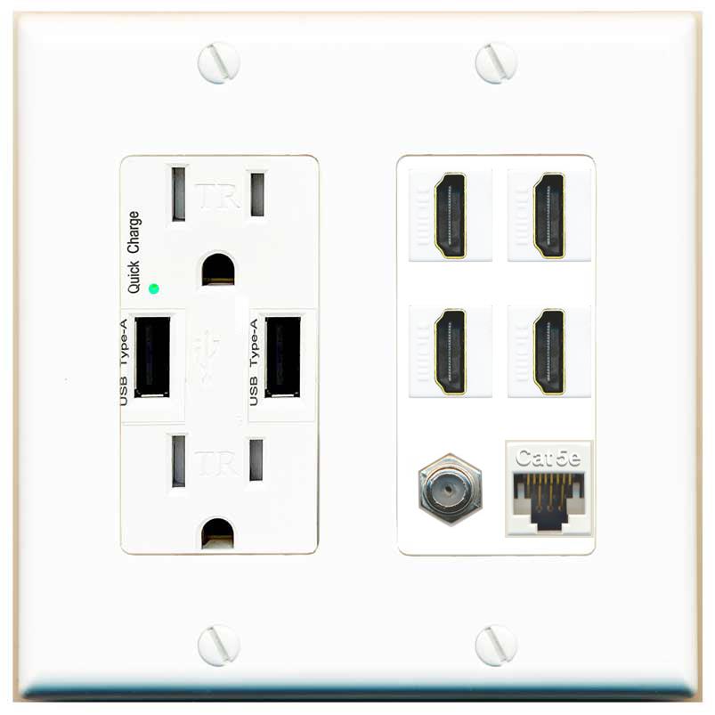 RiteAV 4 Port HDMI 1 Coax Cable TV- F-Type 1 Cat5E Ethernet Wall Plate - USB Charger [White]