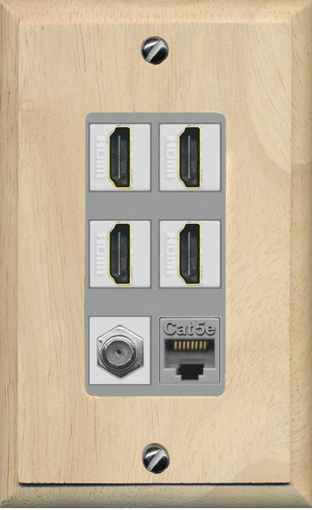 RiteAV 4 Port HDMI 1 Coax Cable TV- F-Type 1 Cat5E Ethernet Wall Plate - 1 Gang [Wood/Gray]