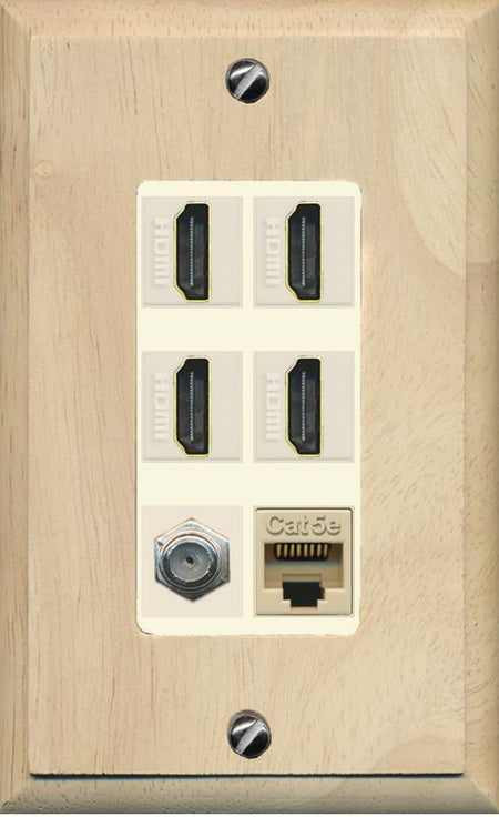 RiteAV 4 Port HDMI 1 Coax Cable TV- F-Type 1 Cat5E Ethernet Wall Plate - 1 Gang [Wood/Light-Almond]