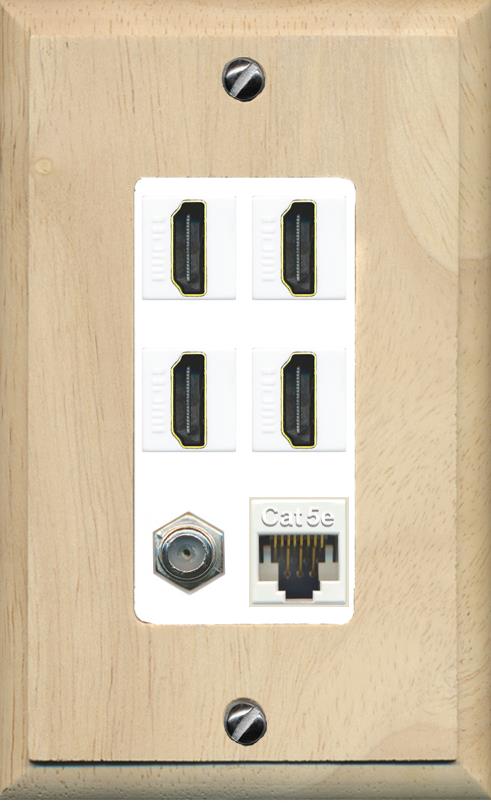 RiteAV 4 Port HDMI 1 Coax Cable TV- F-Type 1 Cat5E Ethernet Wall Plate - 1 Gang [Wood/White]