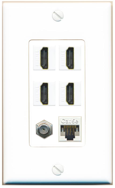 RiteAV 4 Port HDMI 1 Coax Cable TV- F-Type 1 Cat5E Ethernet Wall Plate - 1 Gang [White]