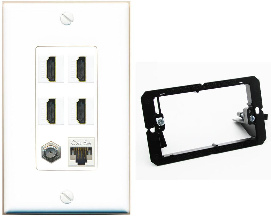 RiteAV 4 Port HDMI 1 Coax Cable TV- F-Type 1 Cat5E Ethernet Wall Plate - Bracket [White]