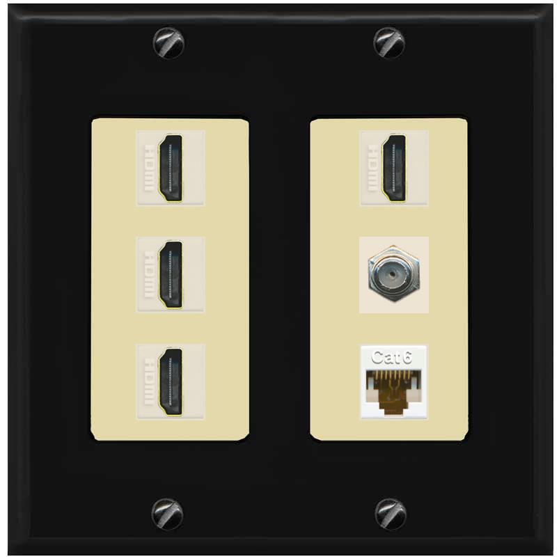 RiteAV 4 Port HDMI 1 Coax Cable TV- F-Type 1 Cat6 Ethernet Wall Plate - 2 Gang [Black/Ivory]