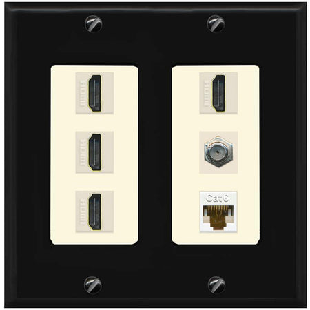 RiteAV 4 Port HDMI 1 Coax Cable TV- F-Type 1 Cat6 Ethernet Wall Plate - 2 Gang [Black/Light-Almond]