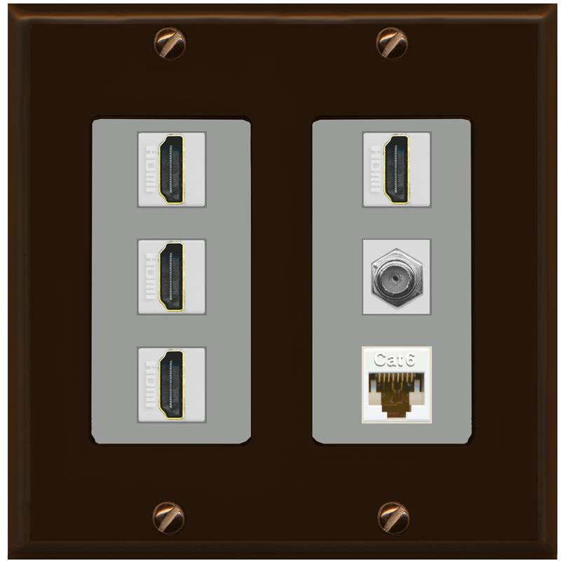 RiteAV 4 Port HDMI 1 Coax Cable TV- F-Type 1 Cat6 Ethernet Wall Plate - 2 Gang [Brown/Gray]