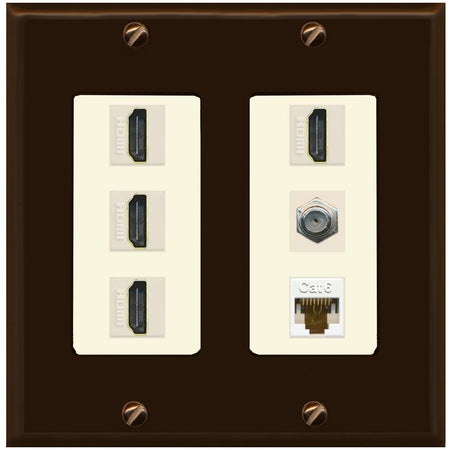 RiteAV 4 Port HDMI 1 Coax Cable TV- F-Type 1 Cat6 Ethernet Wall Plate - 2 Gang [Brown/Light-Almond]