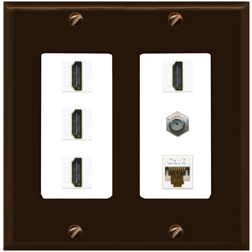 RiteAV 4 Port HDMI 1 Coax Cable TV- F-Type 1 Cat6 Ethernet Wall Plate - 2 Gang [Brown/White]