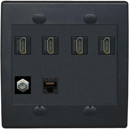 RiteAV 4 Port HDMI 1 Coax Cable TV- F-Type 1 Cat6 Ethernet Wall Plate - Flat 2 Gang [Black/Black]