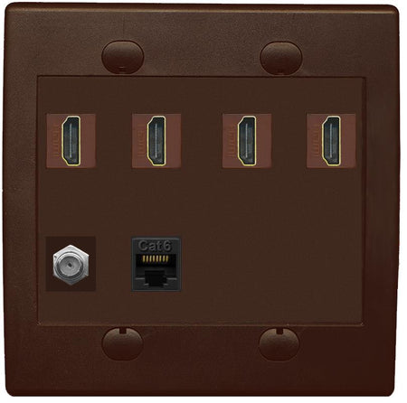 RiteAV 4 Port HDMI 1 Coax Cable TV- F-Type 1 Cat6 Ethernet Wall Plate - Flat 2 Gang [Brown/Brown]